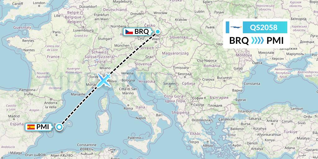 QS2058 Smartwings Flight Map: Brno to Palma de Mallorca