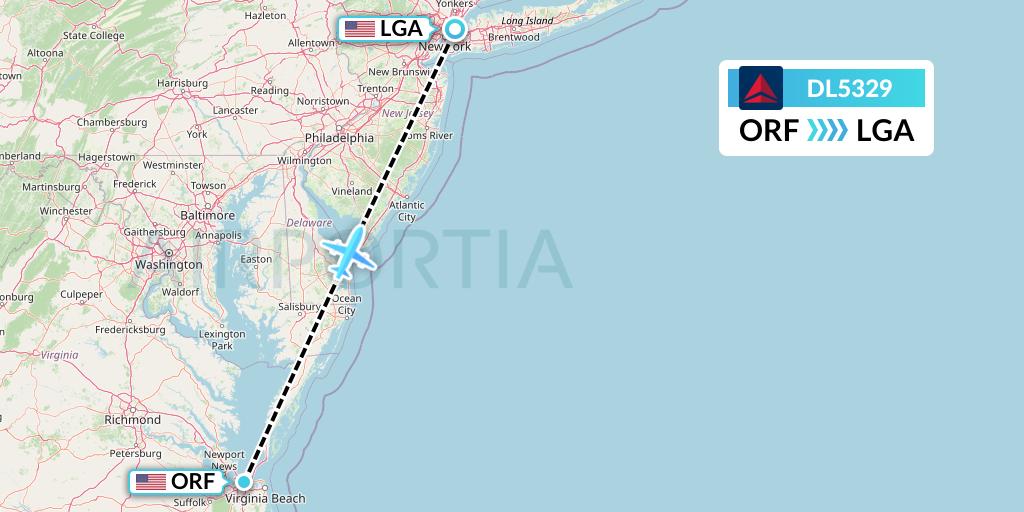DL5329 Delta Air Lines Flight Map: Norfolk to New York
