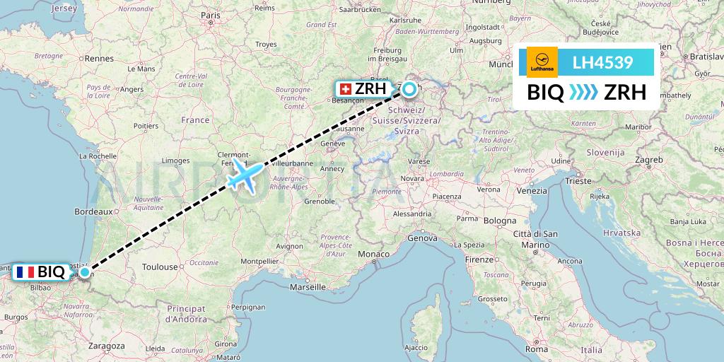 LH4539 Lufthansa Flight Map: Biarritz to Zurich