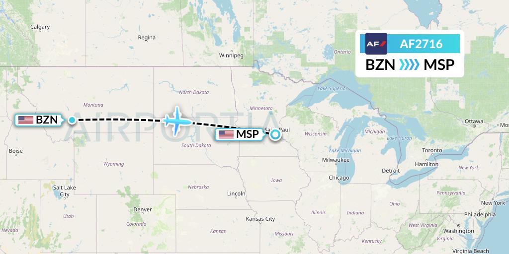 AF2716 Air France Flight Map: Bozeman to Minneapolis