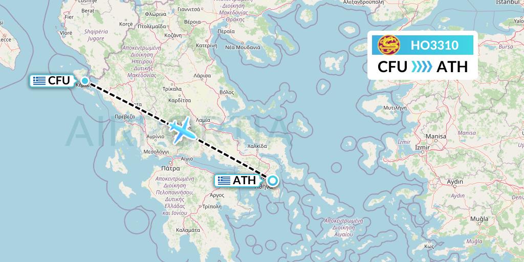 HO3310 Juneyao Airlines Flight Map: Corfu to Athens