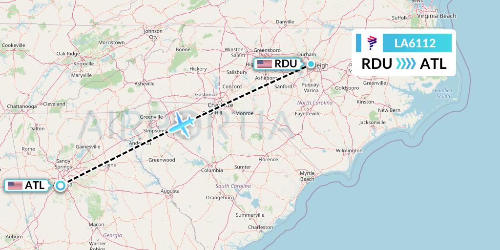LA6112 LAN Airlines Flight Map: Raleigh-Durham to Atlanta