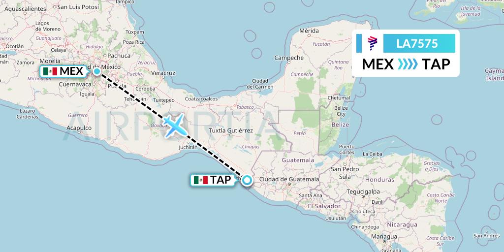 LA7575 LAN Airlines Flight Map: Mexico City to Tapachula