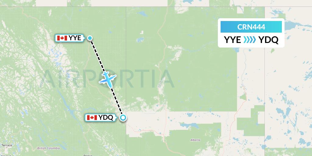 CRN444 Aerocaribbean Flight Map: Fort Nelson to Dawson Creek