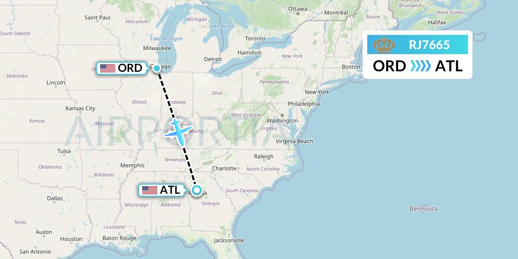 RJ7665 Royal Jordanian Flight Map: Chicago to Atlanta