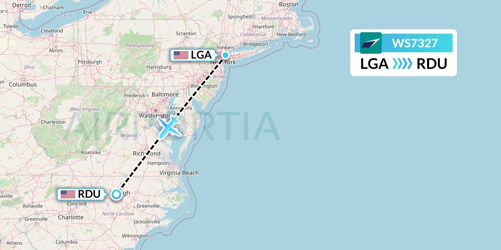 WS7327 WestJet Flight Map: New York to Raleigh-Durham