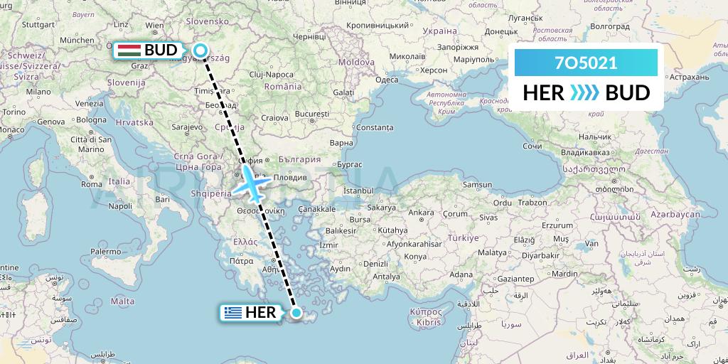 7O5021 Travel Service Hungary Flight Map: Heraklion to Budapest
