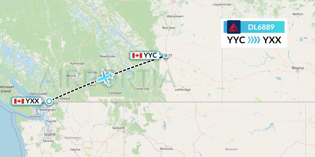 DL6889 Delta Air Lines Flight Map: Calgary to Abbotsford