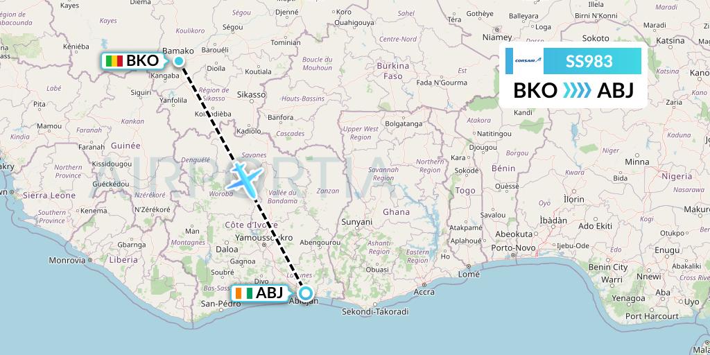 SS983 Corsair Flight Map: Bamako to Abidjan