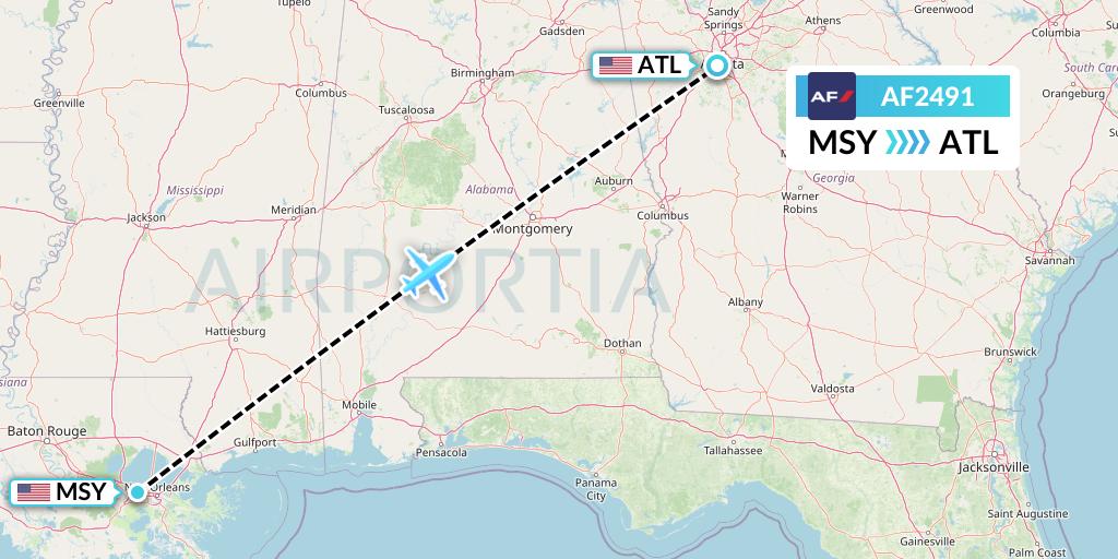 AF2491 Air France Flight Map: New Orleans to Atlanta