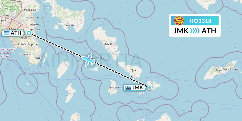 HO3318 Juneyao Airlines Flight Map: Mykonos to Athens