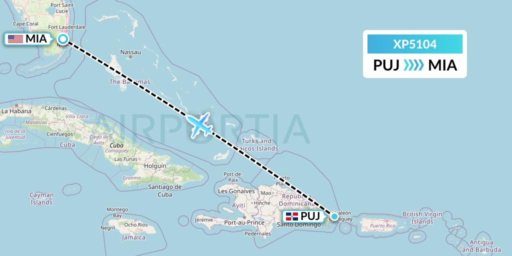 XP5104 Avelo Airlines Flight Map: Punta Cana to Miami