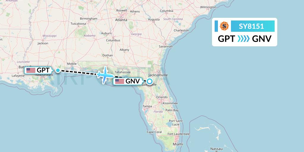 SY8151 Sun Country Airlines Flight Map: Gulfport to Gainesville