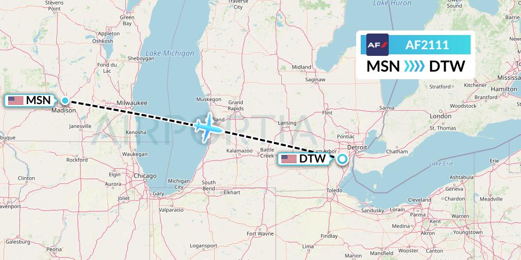 AF2111 Air France Flight Map: Madison to Detroit