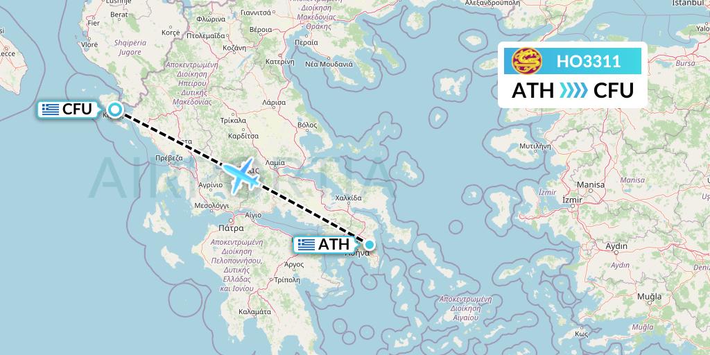 HO3311 Juneyao Airlines Flight Map: Athens to Corfu