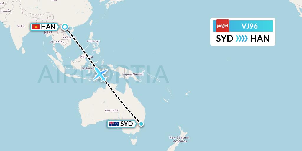VJ96 VietJet Air Flight Map: Sydney to Hanoi