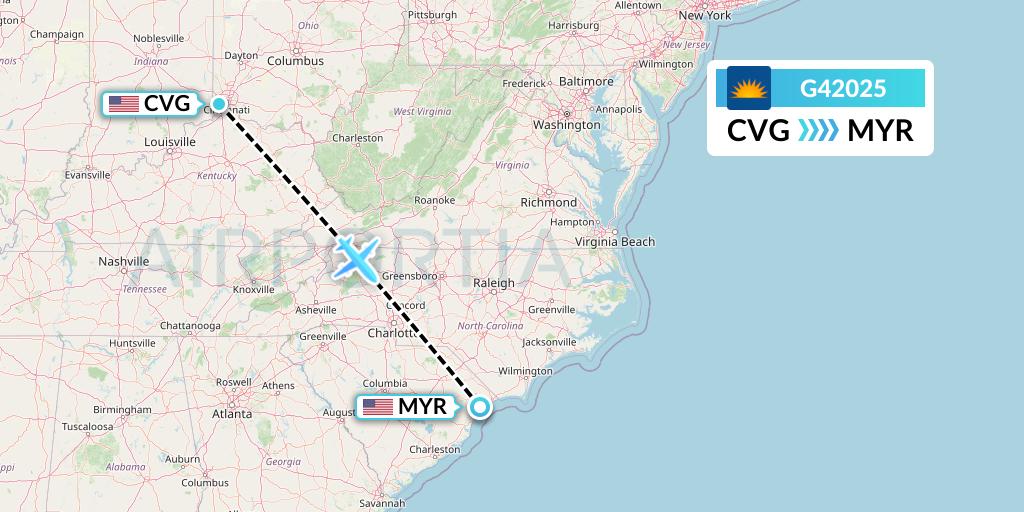 G42025 Allegiant Air Flight Map: Cincinnati to Myrtle Beach