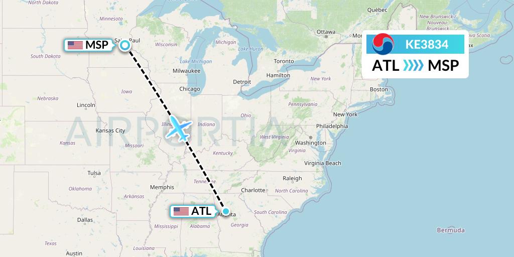KE3834 Korean Air Flight Map: Atlanta to Minneapolis