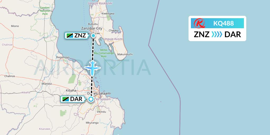 KQ488 Kenya Airways Flight Map: Zanzibar to Dar-es-Salaam