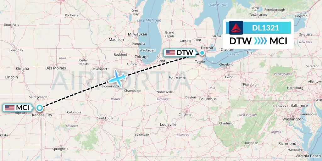 DL1321 Delta Air Lines Flight Map: Detroit to Kansas City