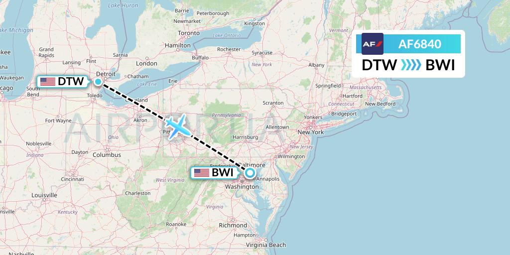 AF6840 Air France Flight Map: Detroit to Baltimore