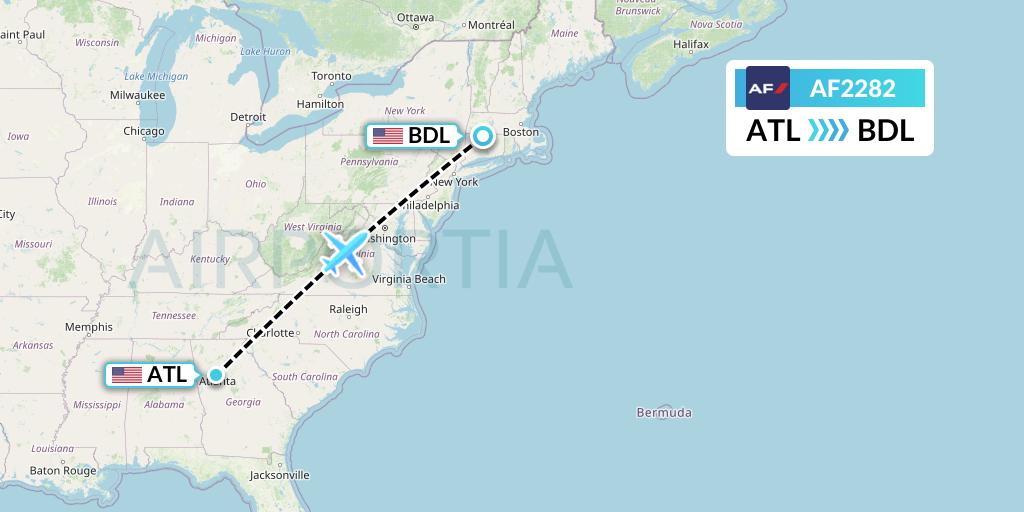 AF2282 Air France Flight Map: Atlanta to Windsor Locks