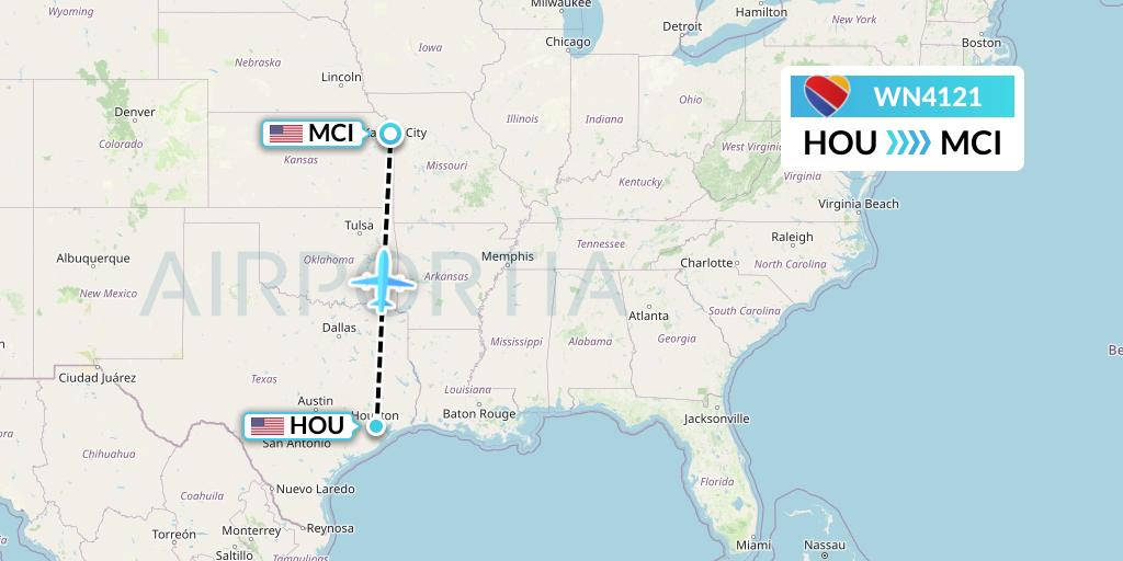 WN4121 Southwest Airlines Flight Map: Houston to Kansas City