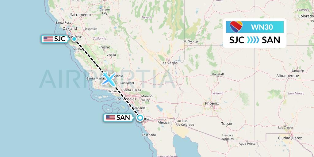 WN30 Southwest Airlines Flight Map: San Jose to San Diego