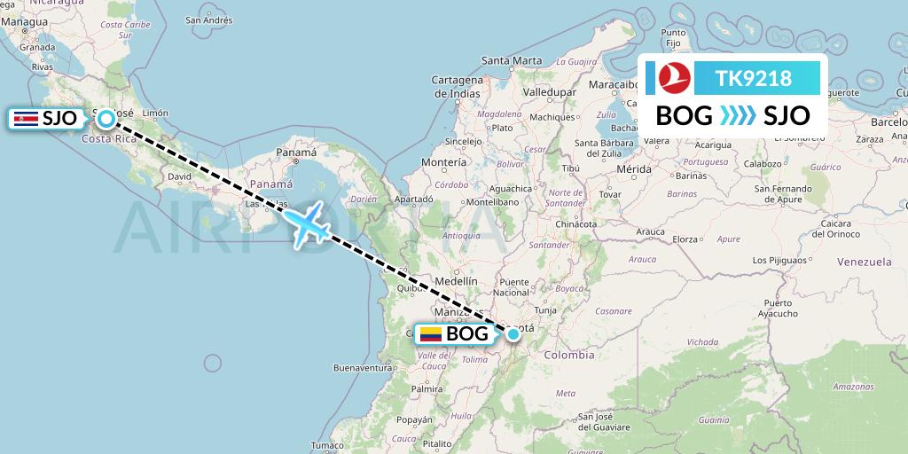 TK9218 Turkish Airlines Flight Map: Bogota to San Jose