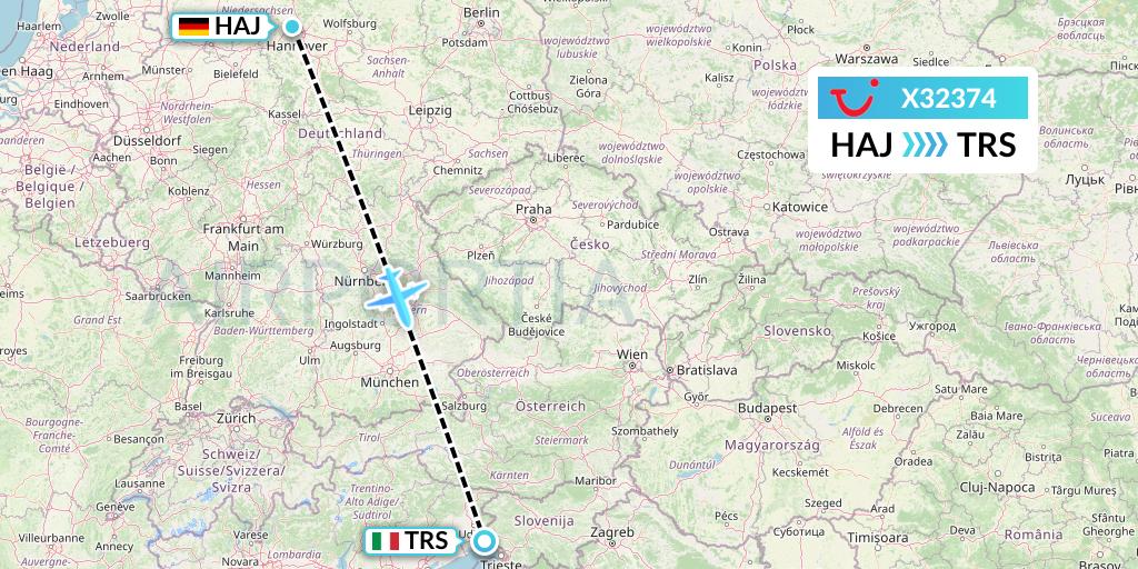 X32374 TUI fly Germany Flight Map: Hannover to Trieste