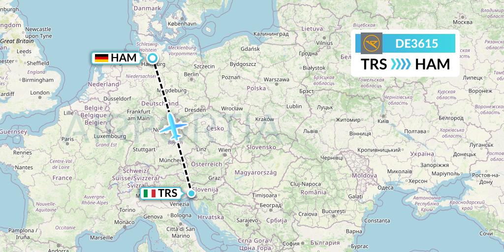 DE3615 Condor Flight Map: Trieste to Hamburg