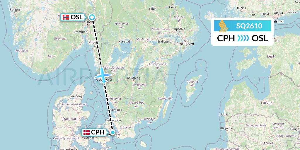 SQ2610 Singapore Airlines Flight Map: Copenhagen to Oslo