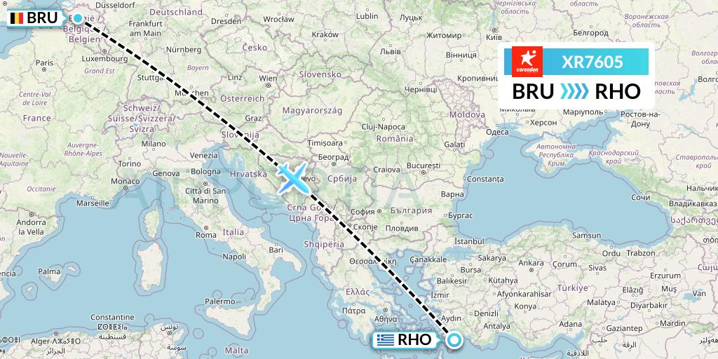 XR7605 Corendon Airlines Europe Flight Map: Brussels to Rhodes