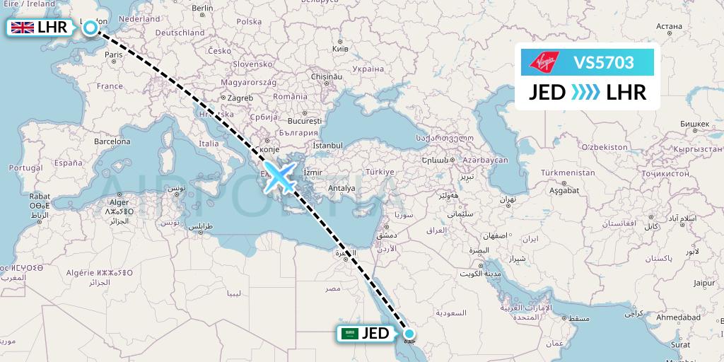 VS5703 Virgin Atlantic Airways Flight Map: Jeddah to London