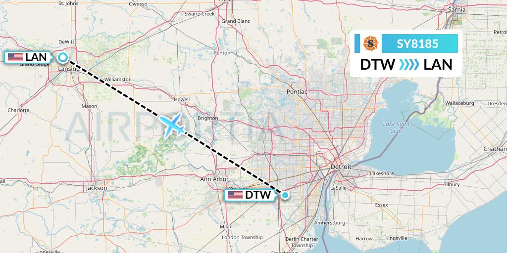 SY8185 Sun Country Airlines Flight Map: Detroit to Lansing