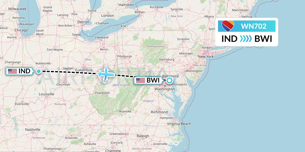 WN702 Southwest Airlines Flight Map: Indianapolis to Baltimore