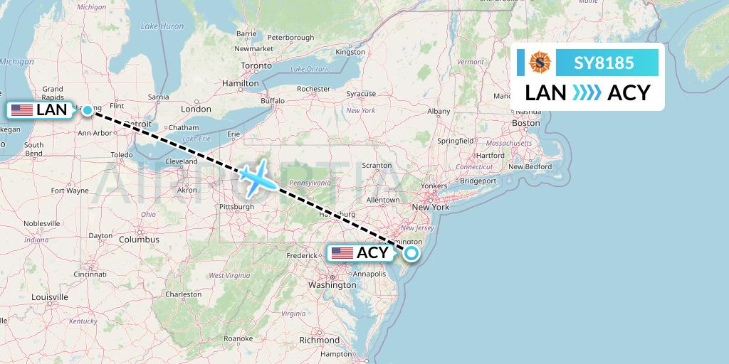 SY8185 Sun Country Airlines Flight Map: Lansing to Atlantic City