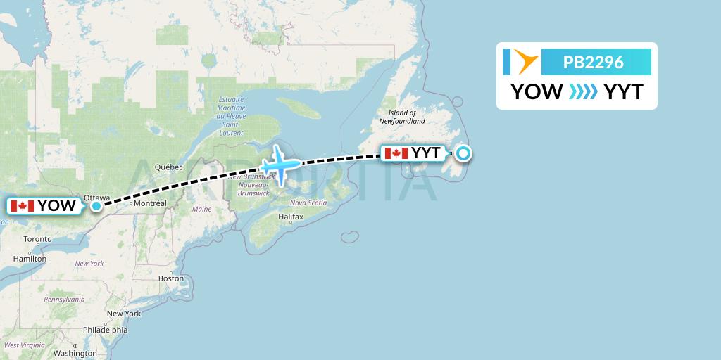 PB2296 PAL Airlines Flight Map: Ottawa to St. John's