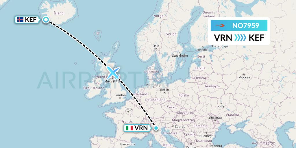 NO7959 Neos Flight Map: Verona to Reykjavik