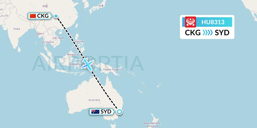 HU8313 Hainan Airlines Flight Map: Chongqing to Sydney