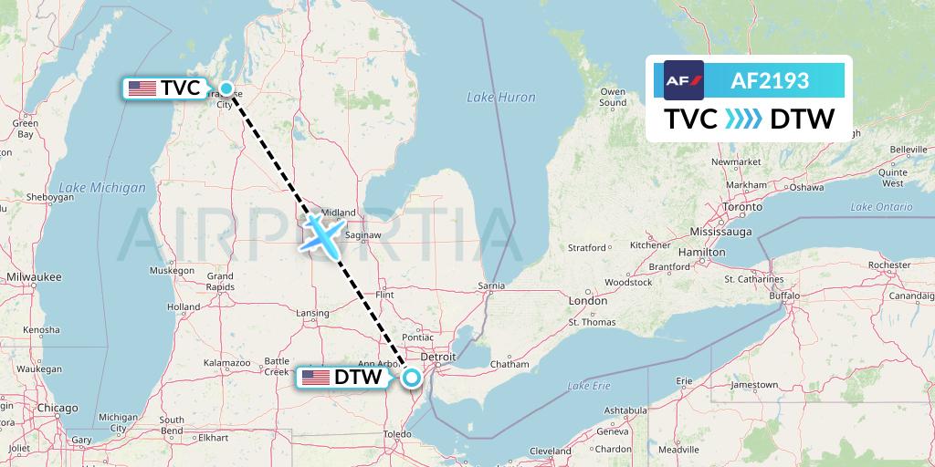 AF2193 Air France Flight Map: Traverse City to Detroit
