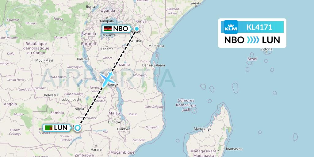 KL4171 KLM Flight Map: Nairobi to Lusaka