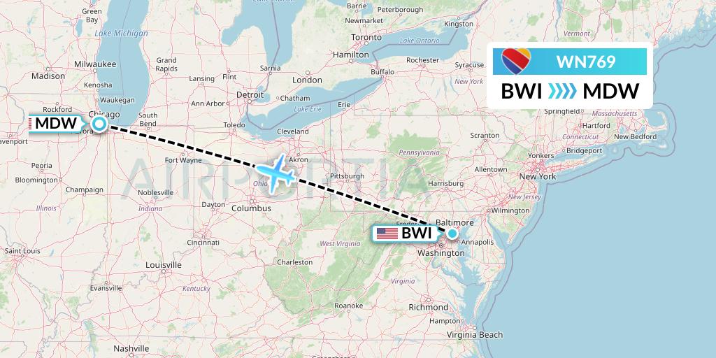 WN769 Southwest Airlines Flight Map: Baltimore to Chicago
