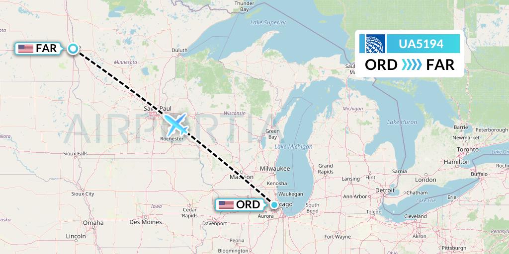 UA5194 United Airlines Flight Map: Chicago to Fargo