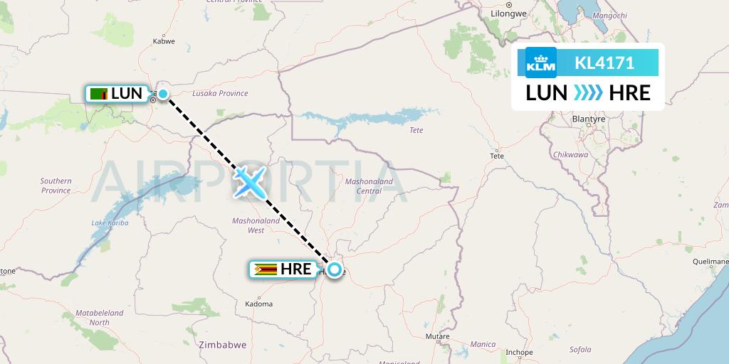 KL4171 KLM Flight Map: Lusaka to Harare