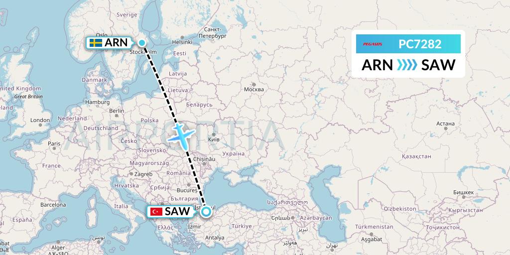 PC7282 Pegasus Airlines Flight Map: Stockholm to Istanbul