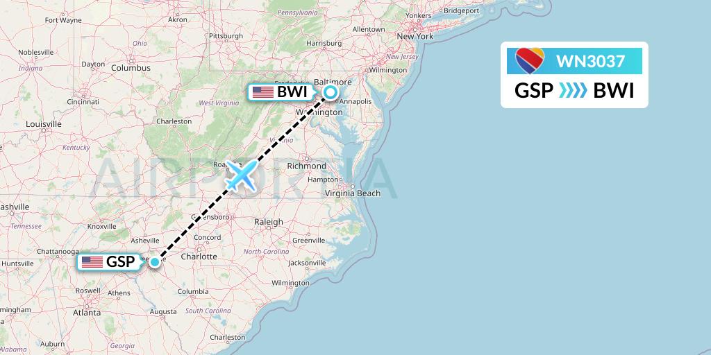 WN3037 Southwest Airlines Flight Map: Greenville-Spartanburg to Baltimore