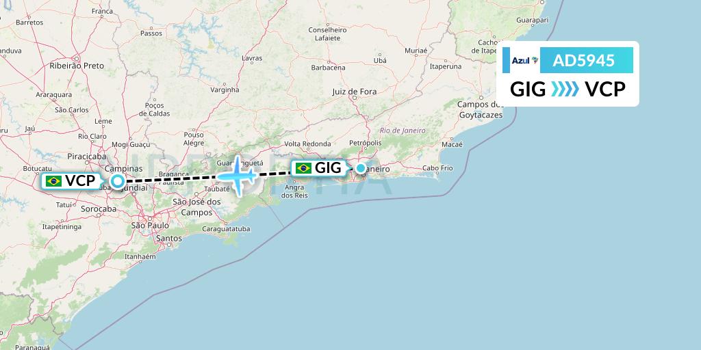 AD5945 Azul Brazilian Airlines Flight Map: Rio de Janeiro to Campinas