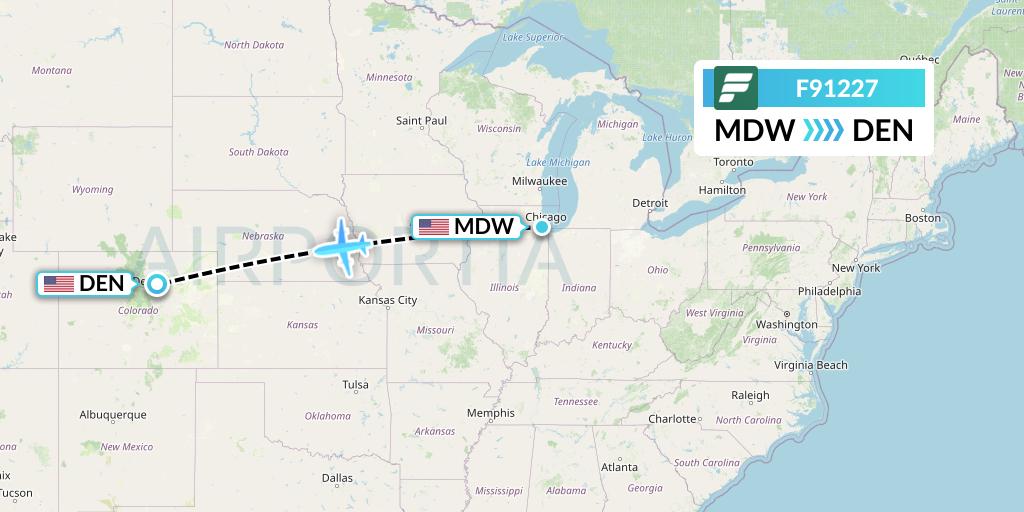 F91227 Frontier Airlines Flight Map: Chicago to Denver