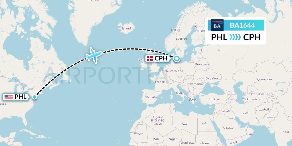 BA1644 British Airways Flight Map: Philadelphia to Copenhagen
